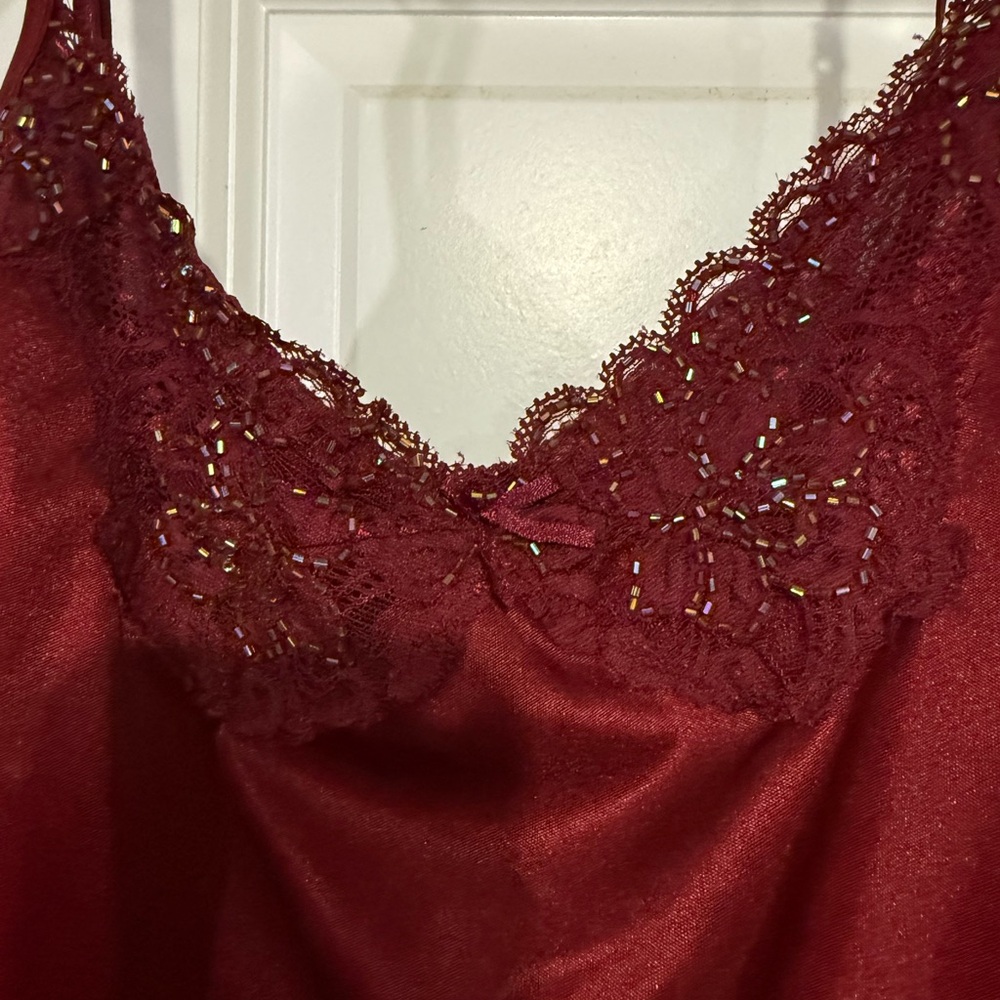 The Limited Rich Red Satin Cami with Lace Detail and Beading